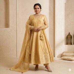 Golden Tissue Silk Angrakha Anarkali Suit Set with Gota Patti Work & Dupatta