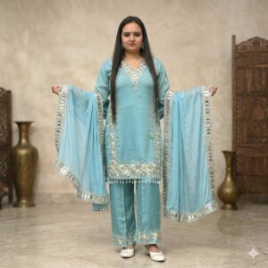 Premium Shimmer Chiffon Gota Patti Pant Suit with Mirror Lace Dupatta