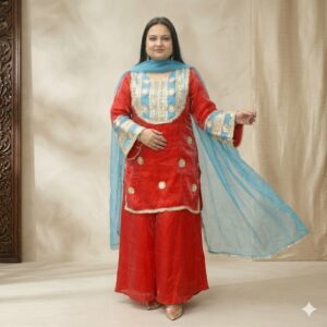 Premium Red Shimmer Organza Gota Patti Sharara Suit with Designer Sky Blue Dupatta for Women