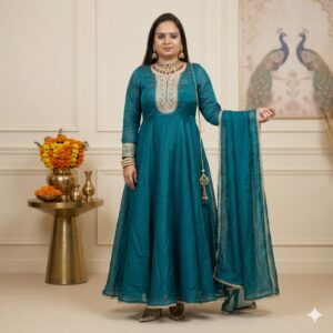 Peacock Blue Shimmer Silk Organza Anarkali Suit with Designer Neck Work