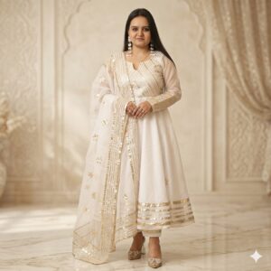 White Organza Anarkali Frock Suit Set with Full Gota Patti Work & Dupatta