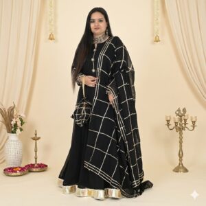 Black Umbrella Anarkali Frock Suit Set with Rajasthani Border & Heavy Gota Patti Dupatta