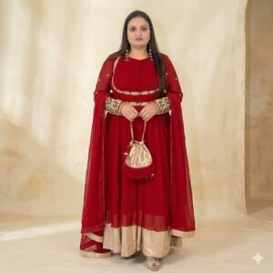 Red Georgette Anarkali Frock Suit Set with Zari Work Jacket & Dupatta