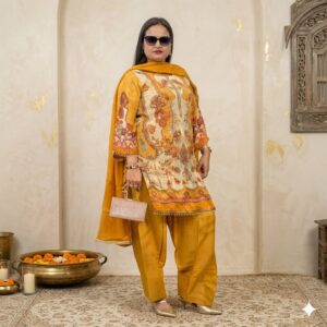Yellow Pure Crepe Farshi Salwar Suit with Beads Work