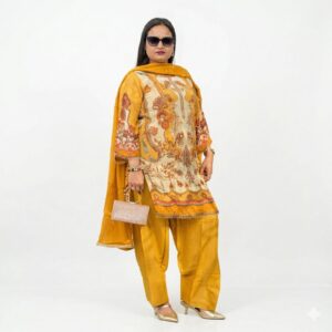 Yellow Pure Crepe Farshi Salwar Suit with Beads Work