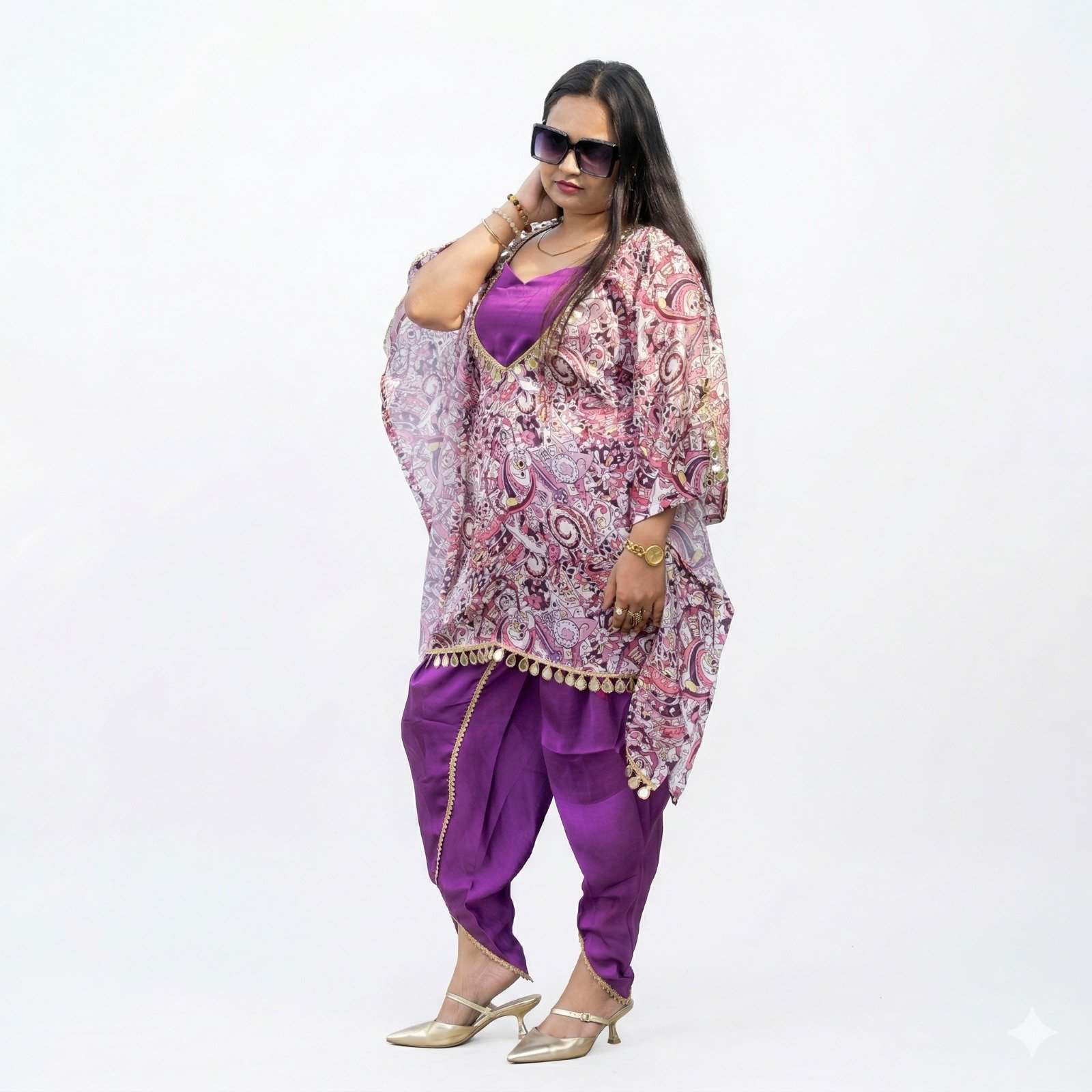 Purple Mirror Lace Co-ord Set with Dhoti Pant (3-Piece Set)