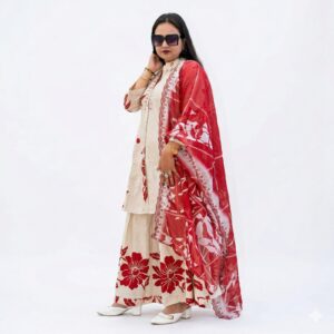 Cotton Silk Palazzo Suit with Embroidered Neckline & Dupatta (3-Piece Set)