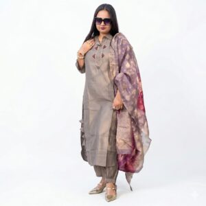 Cotton Silk Afghani Salwar Suit with Silk Dupatta & Designer Neckline