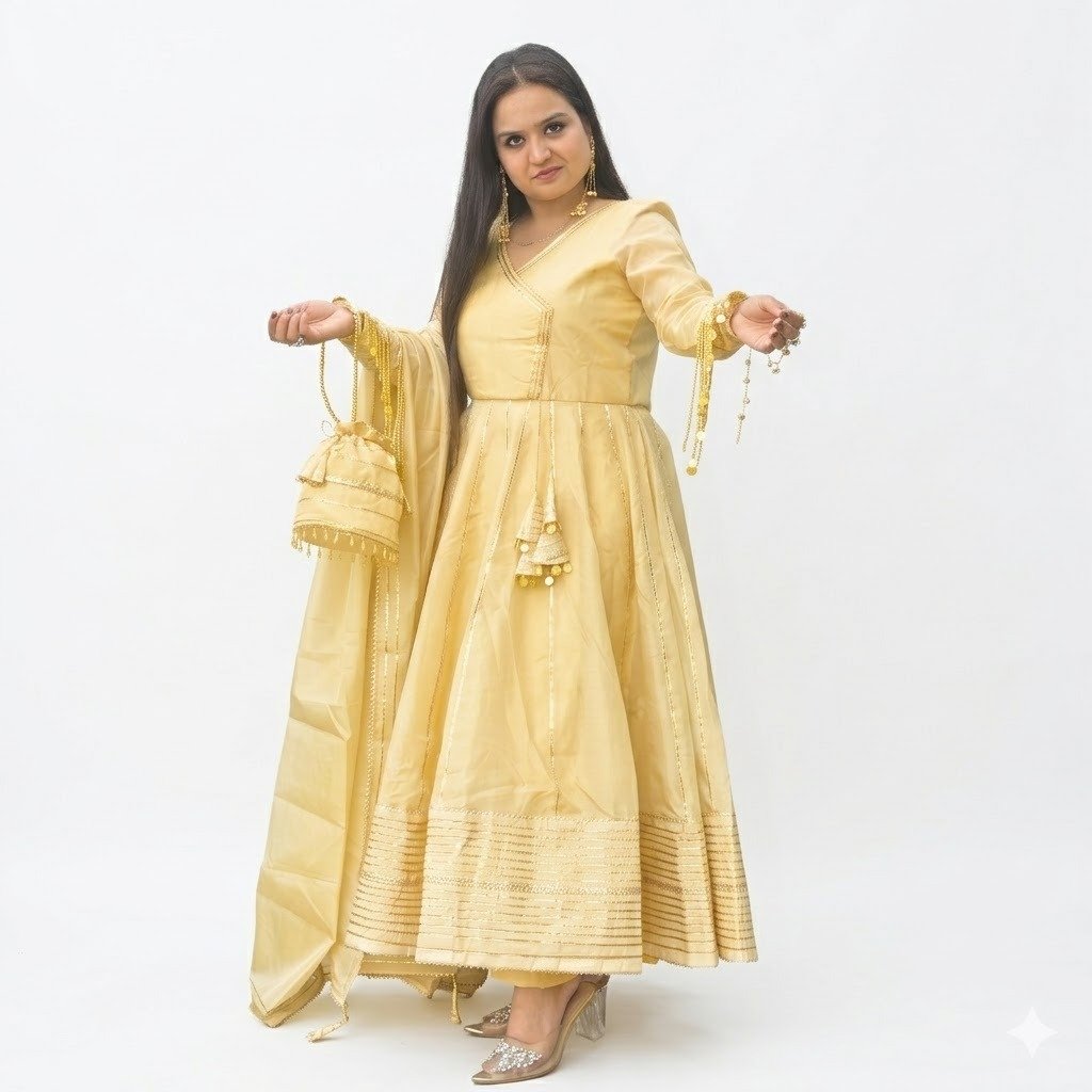 Golden Tissue Silk Anarkali Set with Gota Patti Work (4-Piece Set) - Image 3