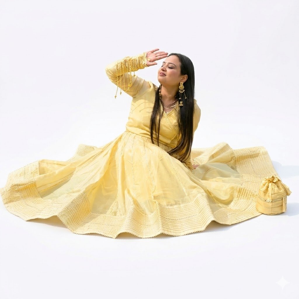 Golden Tissue Silk Anarkali Set with Gota Patti Work (4-Piece Set) - Image 2