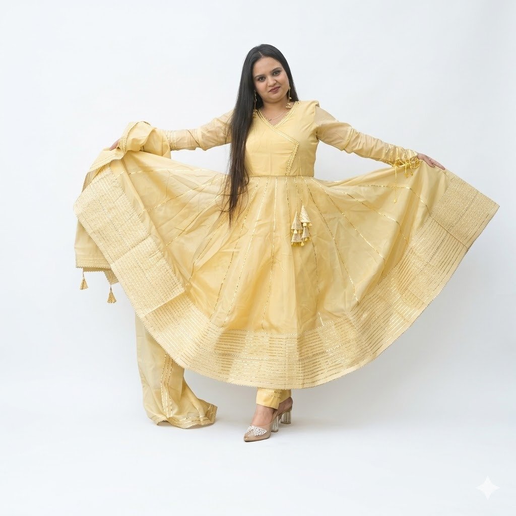 Golden Tissue Silk Anarkali Set with Gota Patti Work (4-Piece Set) - Image 4