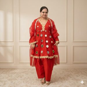 Royal Red Silk Mirror Work Farshi Salwar Suit with Organza Dupatta for Women