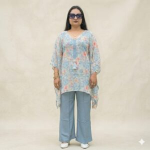 Grey Pant & White Floral Kaftan Co-ord Set for Women – Summer Crepe Outfit