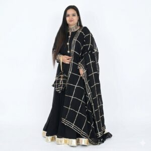 Black Umbrella Anarkali Frock Suit with Rajasthani Border & Gota Patti Dupatta (3-Piece Set)