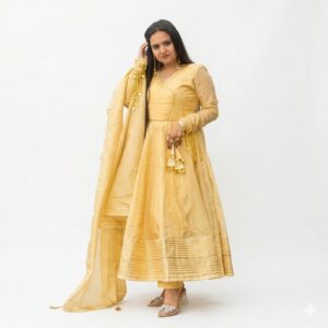 Golden Tissue Silk Anarkali Set with Gota Patti Work (4-Piece Set)