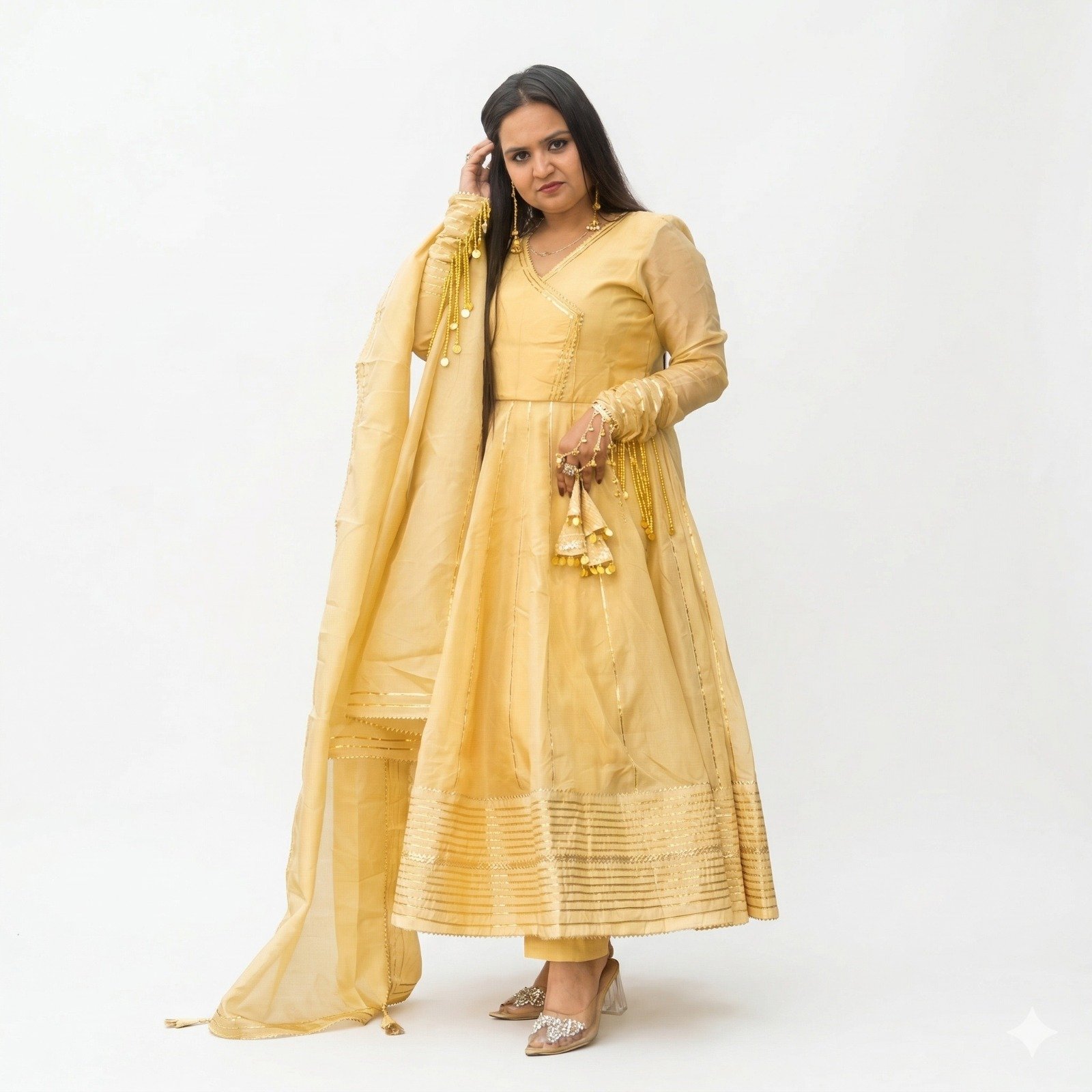 Golden Tissue Silk Anarkali Set with Gota Patti Work (4-Piece Set)