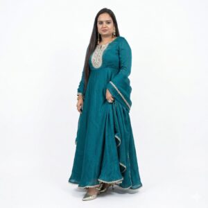 Peacock Blue Shimmer Silk Organza Anarkali with Designer Neck & Back Dori