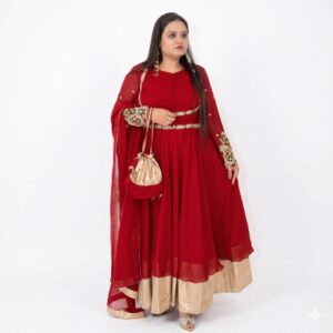 Red Georgette Anarkali Frock Suit with Zari Handwork Jacket (5-Piece Set)