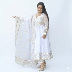 White Organza Anarkali Frock Suit with Full Gota Patti Work (4-Piece Set)