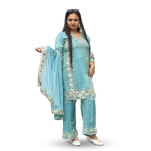 Shimmer Chiffon Gota Patti Pant Suit with Mirror Lace Dupatta