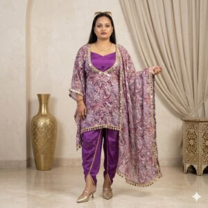 Purple Mirror Lace Co-ord Set with Dhoti Pant (3-Piece Ethnic Fusion Set)