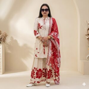 Red & Cream Cotton Silk Palazzo Suit Set with Embroidered Neckline & Designer Dupatta