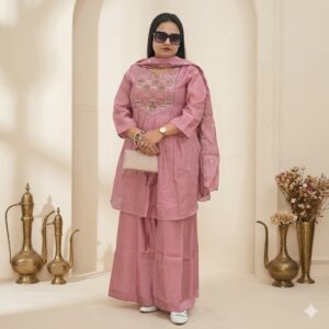 Light Pink Cotton Silk Palazzo Suit Set with Heavy Neckline & Dupatta