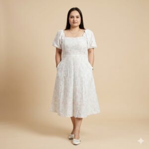 White Linen Cotton Frock Style Dress for Daily Wear